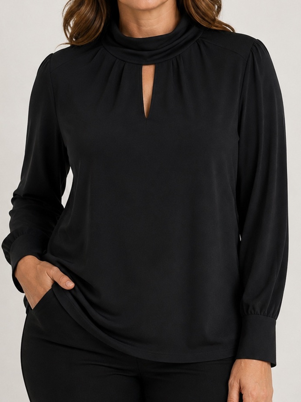 Adrianna Papell Black Polyester Stretch Keyhole Mock Neck Blouse XL